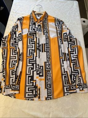 Men's Geometric Print Button-Up Shirt - Yellow Black White